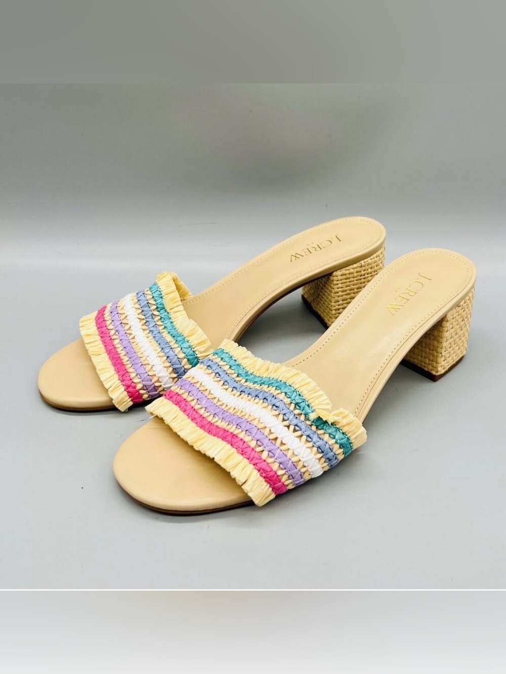 J. Crew Multicolor Raffia Stripe Slide Sandals - Yellow Tan